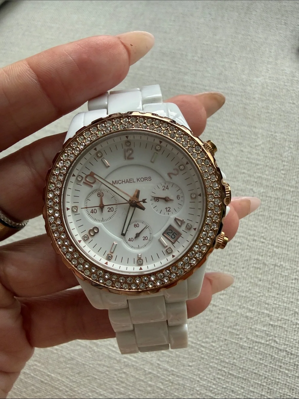 Michael Kors White and Rose Gold Crystal-Accent Women's Watch